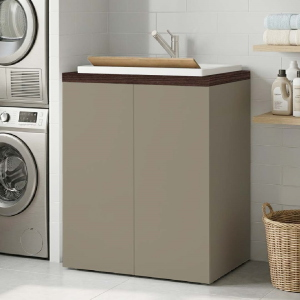 2-Door Laundry Cabinet 71x65h cm with Resin Sink – Dove Gray/Coffee