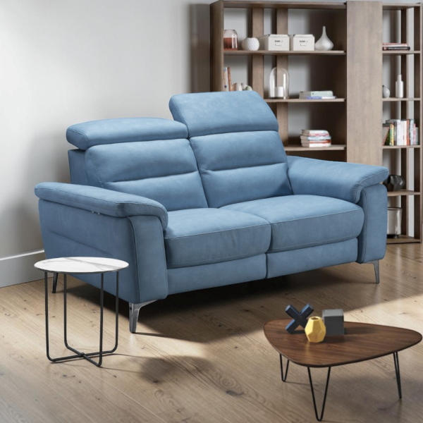 Canapé relax en cuir véritable L160 cm têtes de lit réglables - Valta Bleu Ciel