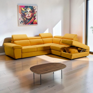 Sofá rinconera L246 cm tejido antimanchas con puf - Roxas Naranja