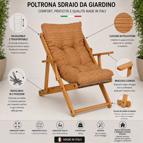 Poltrona in legno pieghevole 3 posizioni - cuscino tessuto Sabbia