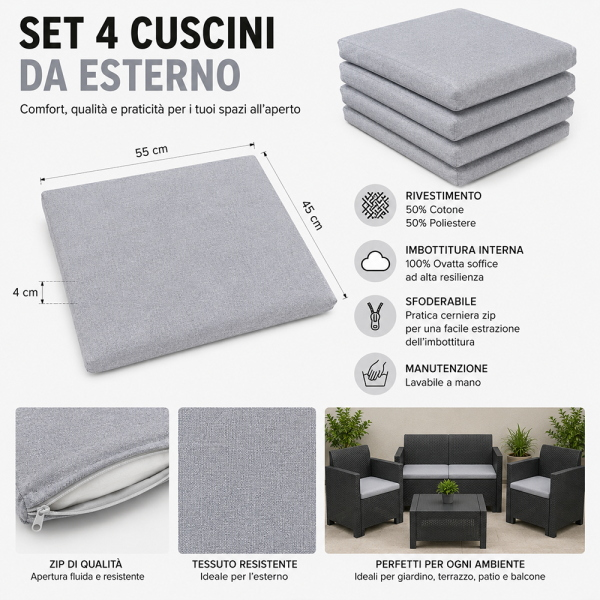 Cuscini Esterno e Giardino 55x45 cm Sfoderabili Grigio Set 4