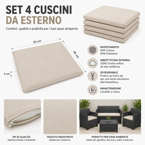 Cuscini Esterno e Giardino 55x45 cm Sfoderabili Beige Set 4