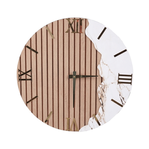 Orologio in legno 60 cm effetto cannettato e marmo bianco 