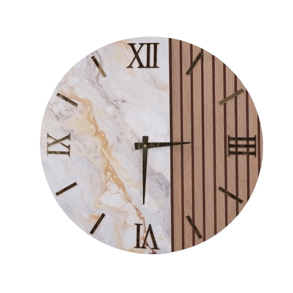Orologio Tondo 60 cm in Legno Noce cannettato e Marmo  