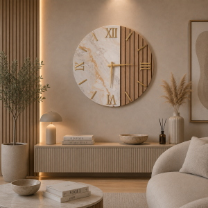Orologio Tondo 60 cm in Legno Noce cannettato e Marmo  
