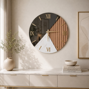 Horloge Murale Ronde 60 cm Noyer Cannelé, Marbre et Miroir