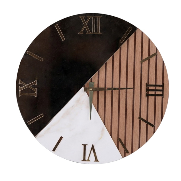 Horloge Murale Ronde 60 cm Noyer Cannelé, Marbre et Miroir