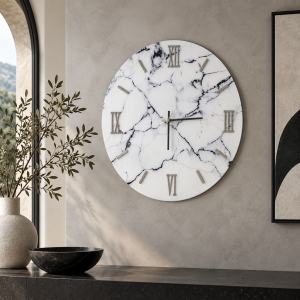 Horloge ronde D65 cm en verre trempé effet marbre blanc - LICOY