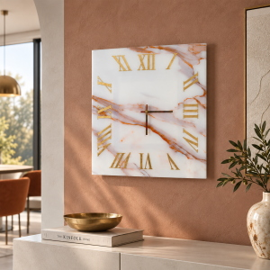 Horloge carrée 65x65 cm en verre trempé effet marbre blanc et orange - NAXO