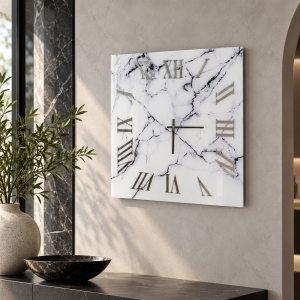 Reloj cuadrado 65x65 cm en vidrio templado efecto mármol blanco y negro - OMIZ