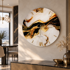 Horloge murale D60 cm en verre trempé avec impression effet marbre doré - BRYT