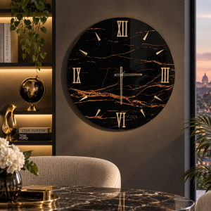 Horloge ronde D65 cm en verre trempé effet marbre noir - TOHE
