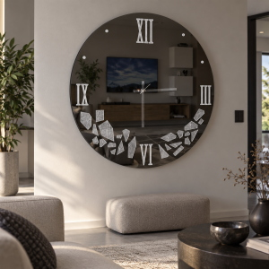 Horloge murale D65 cm ronde en verre miroir fumé avec décors gris - HILDI
