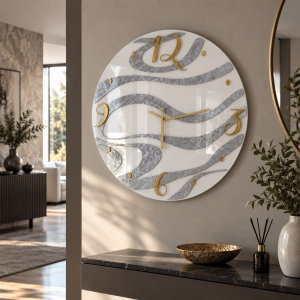 Horloge murale Flow Ø 65 cm en verre et plexiglas - Blanche avec chiffres dorés