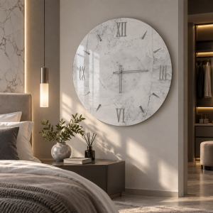 Horloge murale ronde 65 cm en verre trempé avec détails dorés
