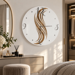 Horloge murale ronde 65 cm en verre trempé avec détails dorés
