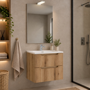 Meuble de Salle de Bain 50 cm 2 Tiroirs en Chêne et Lavabo en Céramique Blanche