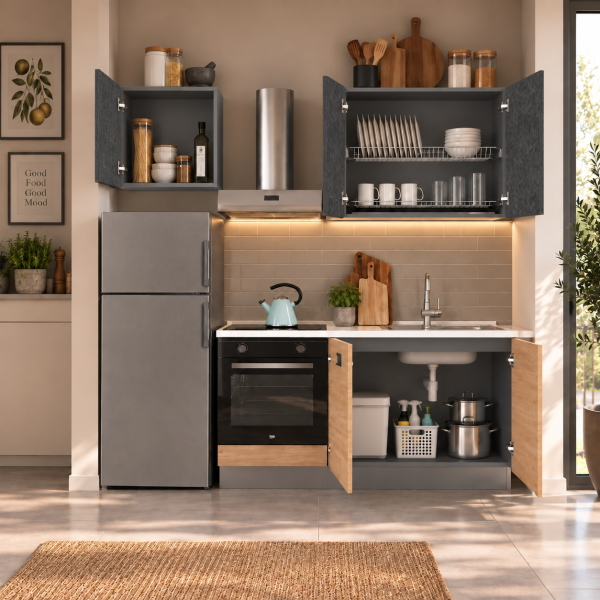 Cucina Lineare 210 cm Rovere e Antracite Senza Elettrodomestici