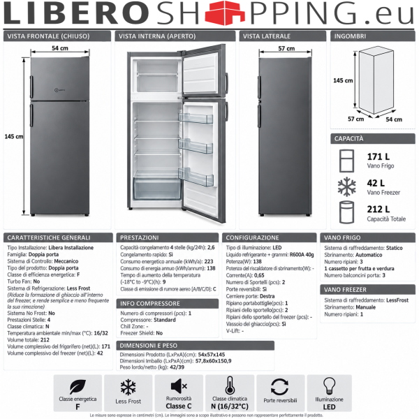 Frigorifero 145x54 cm Doppia Porta 230L Atlantic Grigio