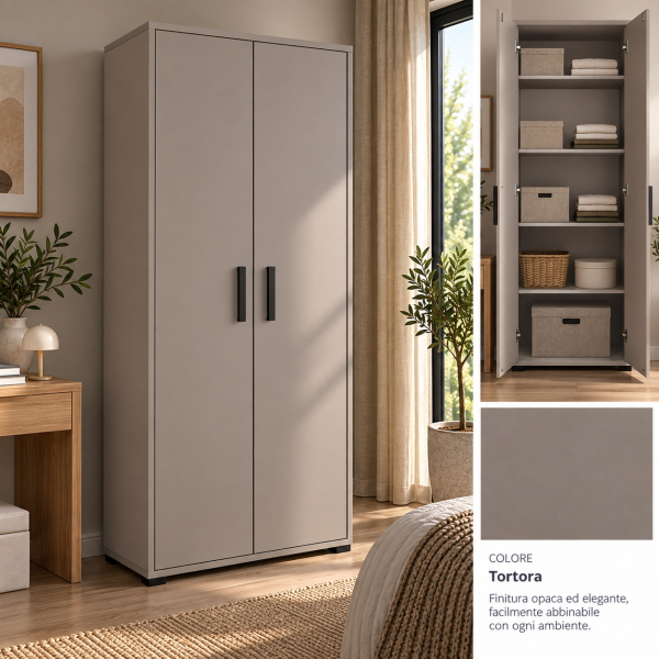 Moderner zweitüriger Kleiderschrank in Taubengrau mit schwarzen Griffen – Hohes, minimalistisches Aufbewahrungsmöbel
