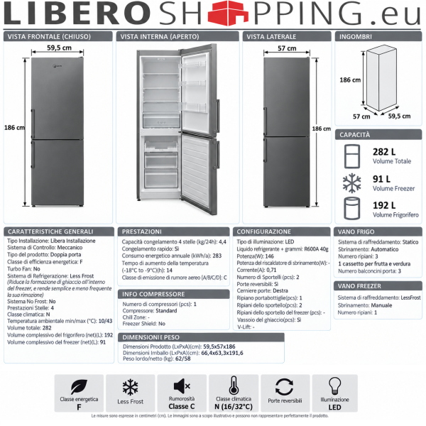 Frigorifero Doppia Porta 186x60 cm 320L Atlantic Grigio