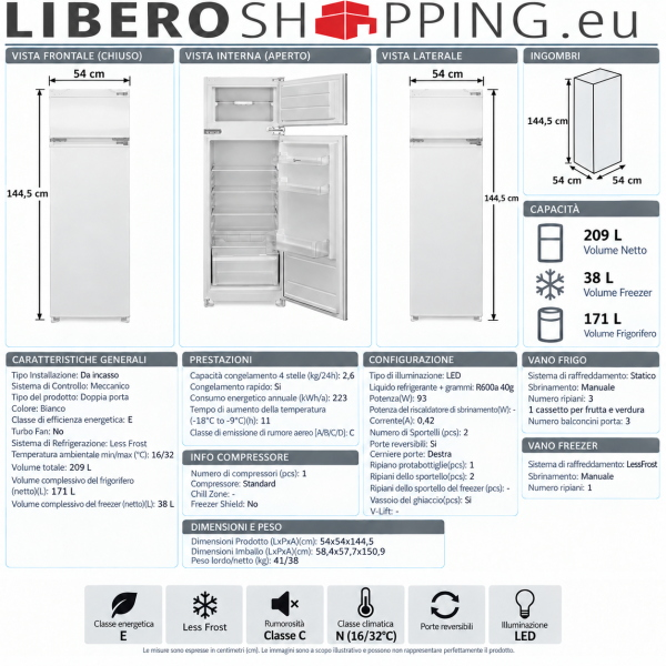 Frigorifero da incasso 230L Doppia Porta 145x54 cm Atlantic Bianco