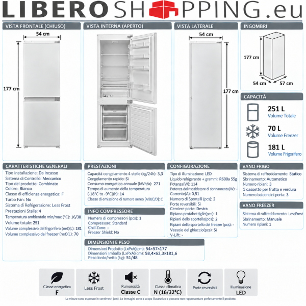 Frigorifero da incasso Doppia Porta 177x54 cm 320L Atlantic Bianco