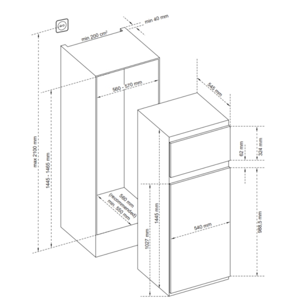 Frigorifero da incasso 230L Doppia Porta 145x54 cm Atlantic Bianco