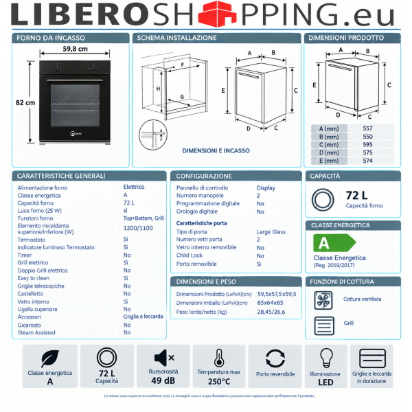 Forno Elettrico Incasso 60X58 cm 72L statico Nero Atlantic