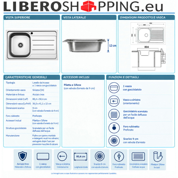 Lavello incasso 1 vasca SX 80x50 cm acciaio inox con Gocciolatoio
