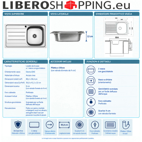 Lavello incasso 1 vasca DX 80x50 cm acciaio inox con Gocciolatoio