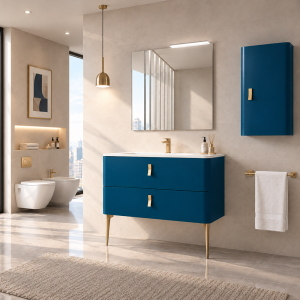 Wandhängender Waschtischunterschrank 80 cm mit 2 Schubladen und KRUA Waschbecken Blau