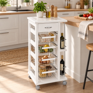 Platzsparender Trolley mit Obstkörben und Flaschenhaltern Weiß