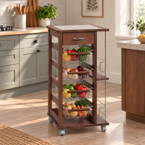 Platzsparender Trolley mit Obstkörben und Flaschenhaltern Noce