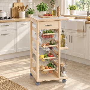 Platzsparender Trolley mit Obstkörben und Flaschenhalter Natural
