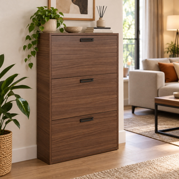 Scarpiera salvaspazio 3 ante a ribalta 77xh124 cm legno Noce
