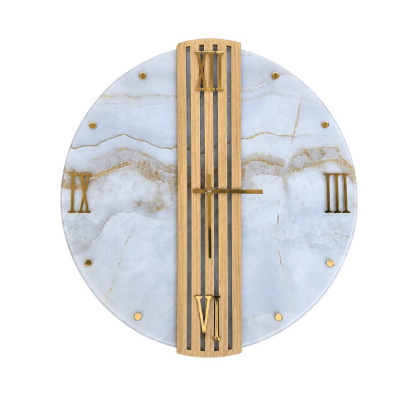 Reloj de Pared Redondo 65 cm Cristal Mármol Ónice y Lamas de Roble