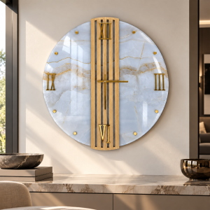 Orologio Parete Tondo 65 cm Vetro Marmo Onice e Doghe Rovere