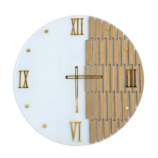 Orologio Parete Design 65 cm Vetro Bianco e Doghe Legno