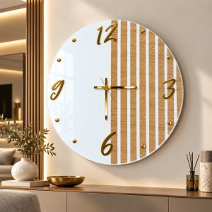 Round Wall Clock 65 cm White Glass Oak Slats and Gold Numerals