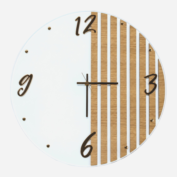 Runde Wanduhr 65 cm Weißglas Eichenlatten und Goldene Zahlen