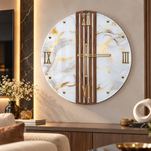 Round Wall Clock 65 cm Marble-Effect Glass and Walnut Slats