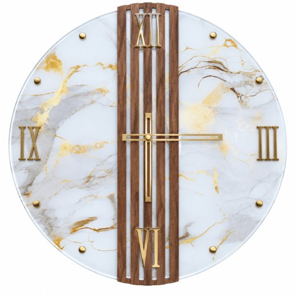 Round Wall Clock 65 cm Marble-Effect Glass and Walnut Slats