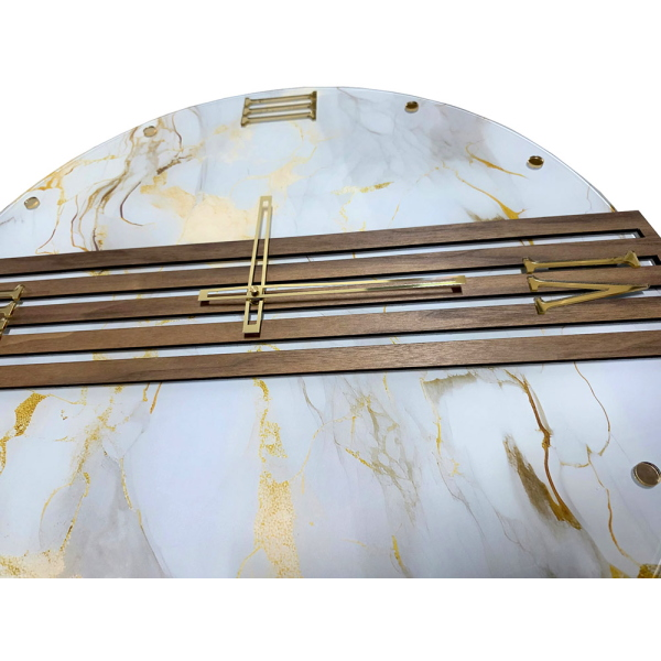 Round Wall Clock 65 cm Marble-Effect Glass and Walnut Slats