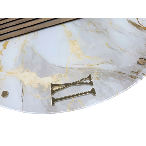 Round Wall Clock 65 cm Marble-Effect Glass and Walnut Slats
