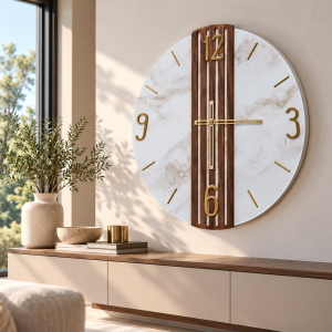 Wall Clock 65 cm Fluted Walnut Marble Glass