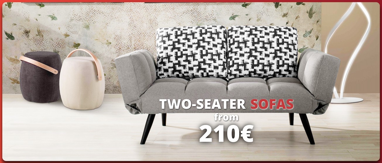 Modern living room with a two-seater sofa and matching poufs, promo “Two-seater sofas from €210”.