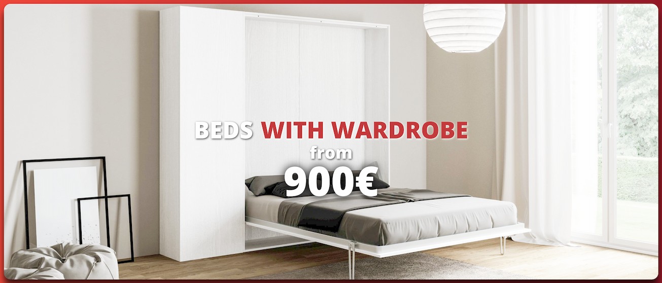 Modern room with a fold-down bed integrated into a wardrobe, promo “Beds with wardrobe from €900”.