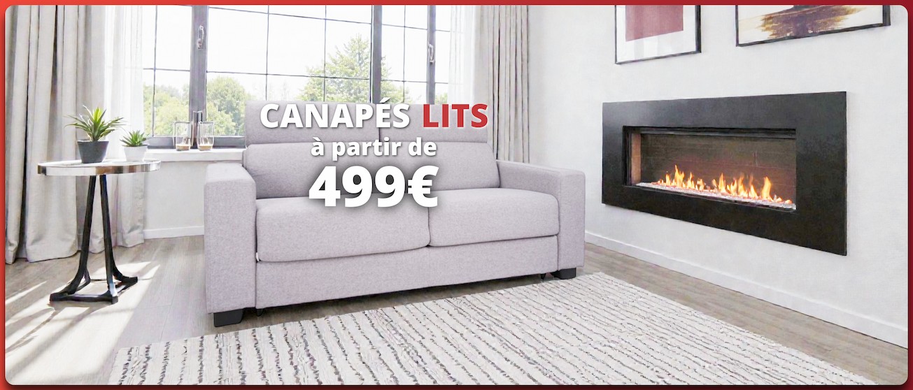 Salon moderne avec canapé-lit et cheminée murale, promo « Canapés-lits dès 499 € ».