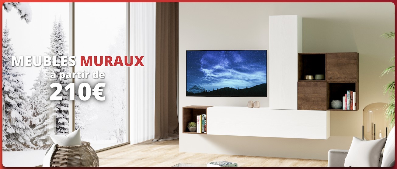 Salon moderne avec meuble mural et vue sur la forêt enneigée, promo « Meubles muraux dès 210 € ».